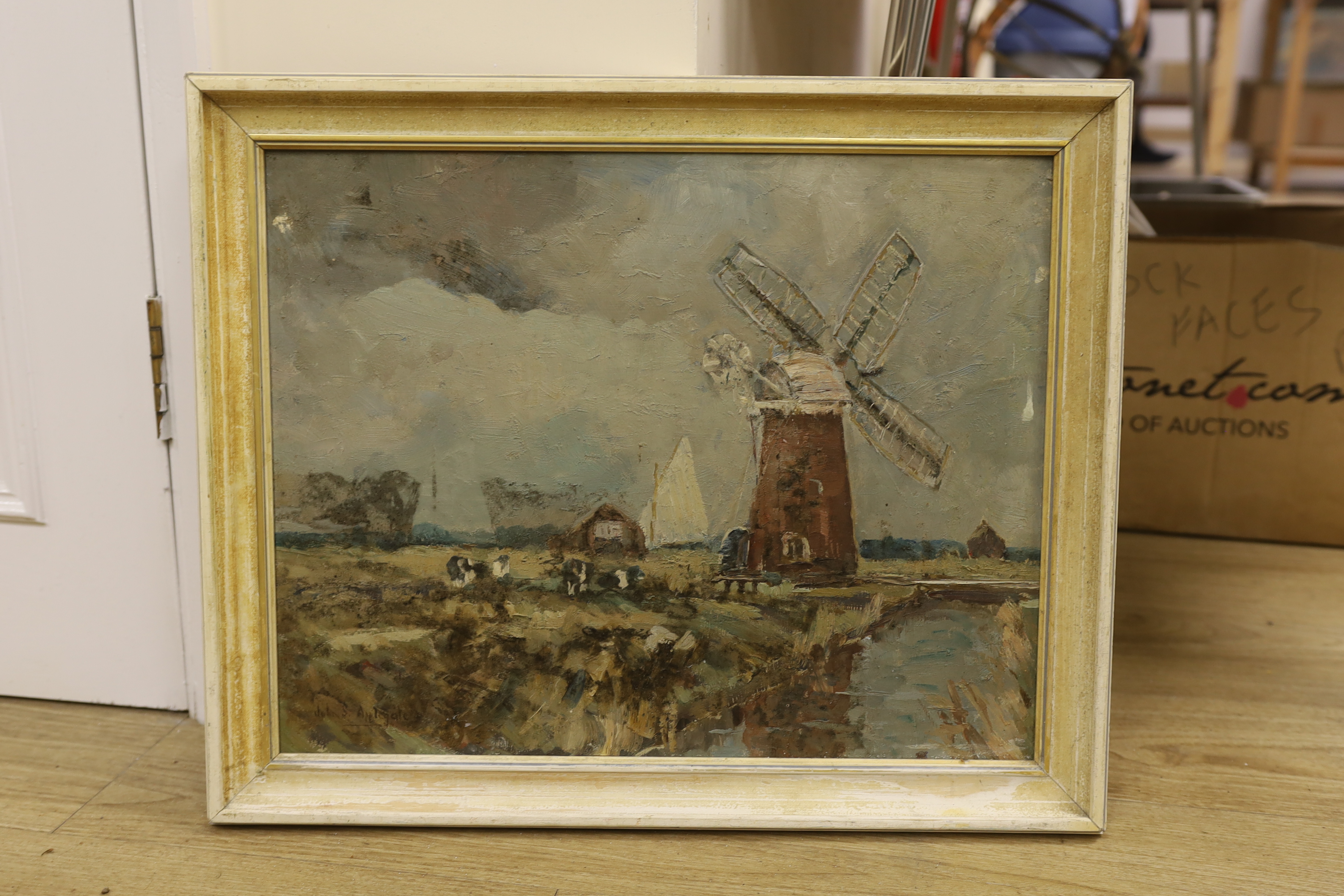 John S Applegate (20th. C), Impressionist oil on board, Rural landscape with windmill, signed, 38 x 49cm